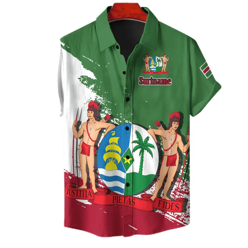 

Рубашка мужская с принтом флага и карты Суринама, повседневная Гавайская блузка с коротким рукавом, топ с лацканами и национальным гербом Суринама