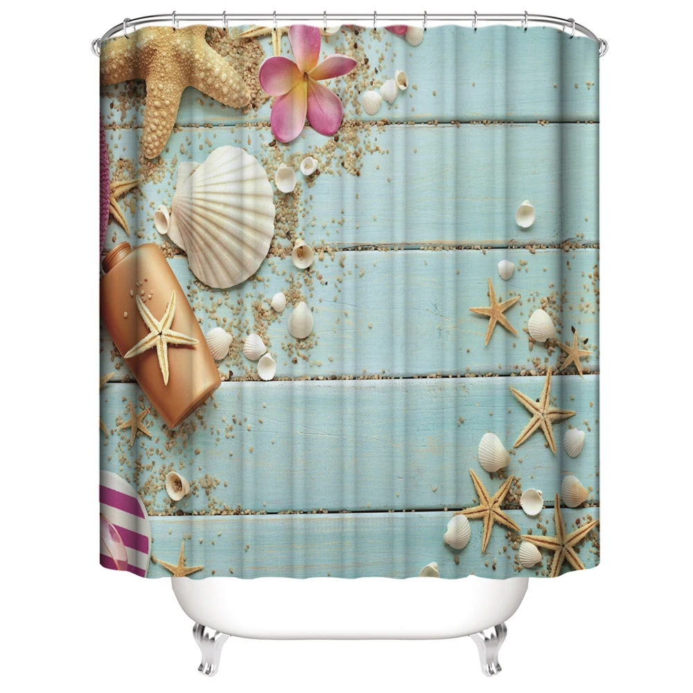 

Conch Seashell Beach Ocean Scenery Shower Curtain Tropical Blue Sky Sea Waves Shell Starfish Print Bath Curtains Bathroom Decor