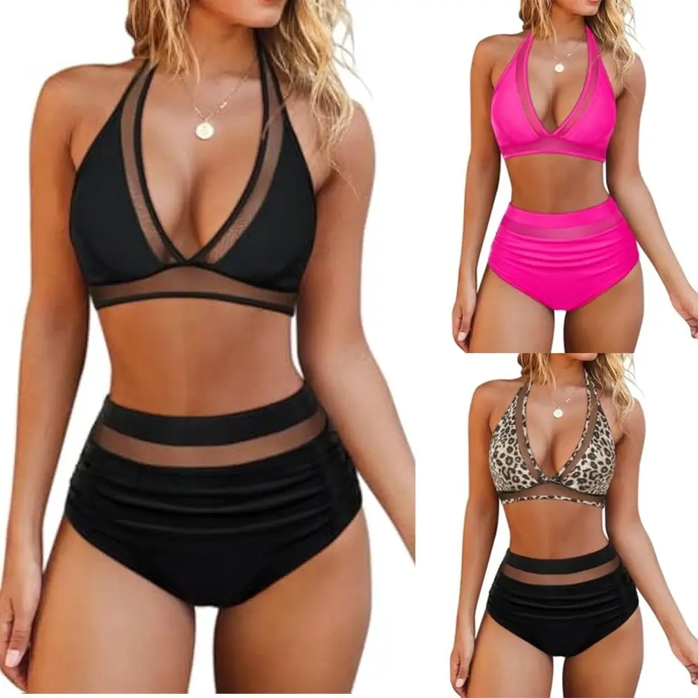 

New Sexy High Waist Bikini Set Push Up Halter Swimwear Women Swimsuit Female Patchwork Bathing Suits Beachwear Bathers