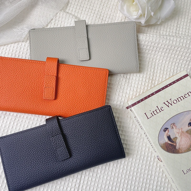 

Genuine Leather Women Wallets Luxury Long Hasp Lychee Pattern Coin Purses Female Brand Solid Colors New Thin Clutch Phone Bag