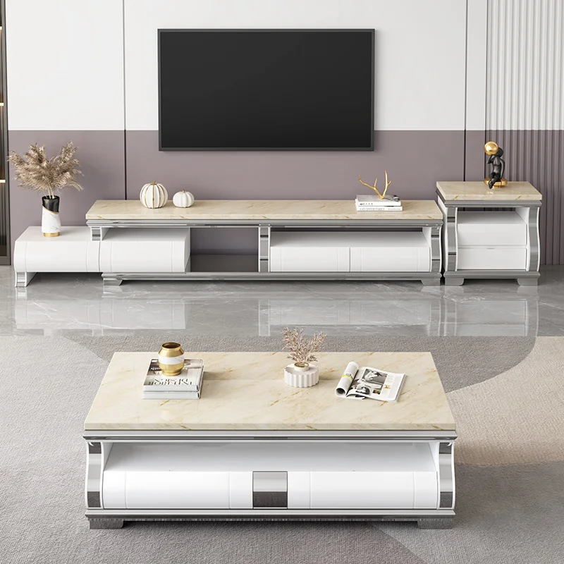 

Marble TV Cabinet and Tea Table Combination Set Living Room Unique Modern Minimalist TV Wall High-End Grade Stone