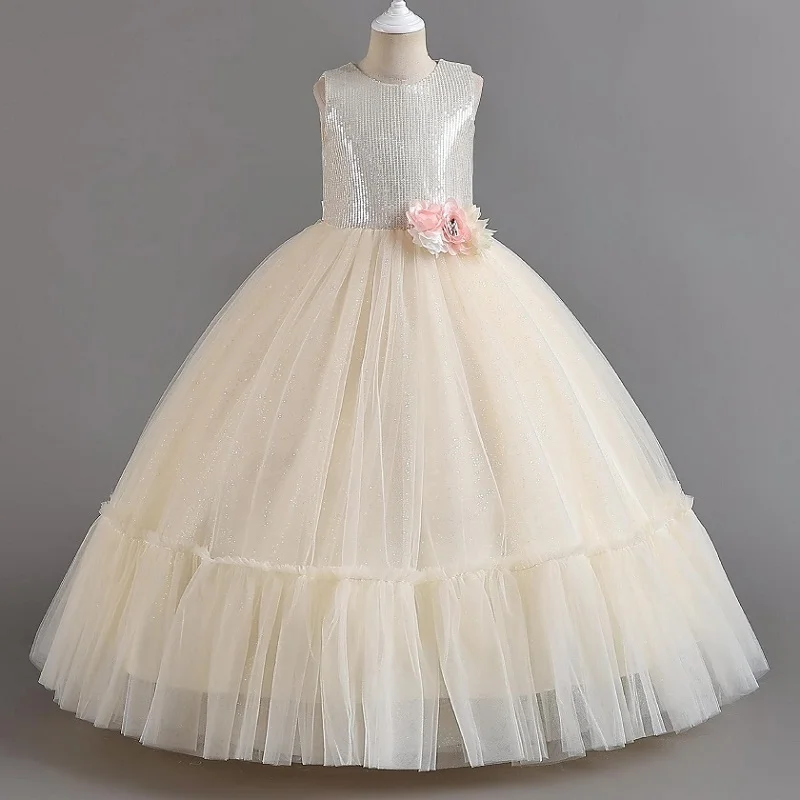 

Платье для девочек 4-12 лет Детское платье принцессы с блестками и цветами длинное Сетчатое платье без рукавов для проведения банкетов и свадебных представлений