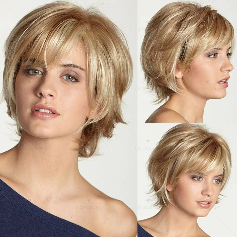 

Women's Fashion Short Synthetic Wigs Pixie Cut Blonde Ombre Hair Costume Party Wigs for Woman Fluffy Natural Curly Wavy Wig