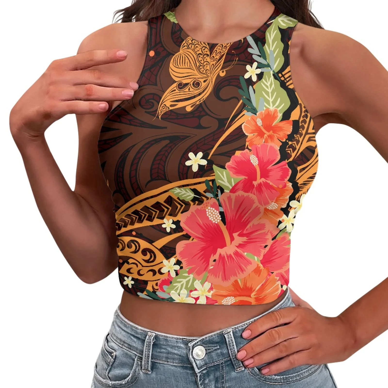 

Polynesian Tribal Samoan Totem Tattoo Samoa Butterfly Prints Summer Girl O-Neck Sleeveless Stylish Vest Vacation Street Clubwear