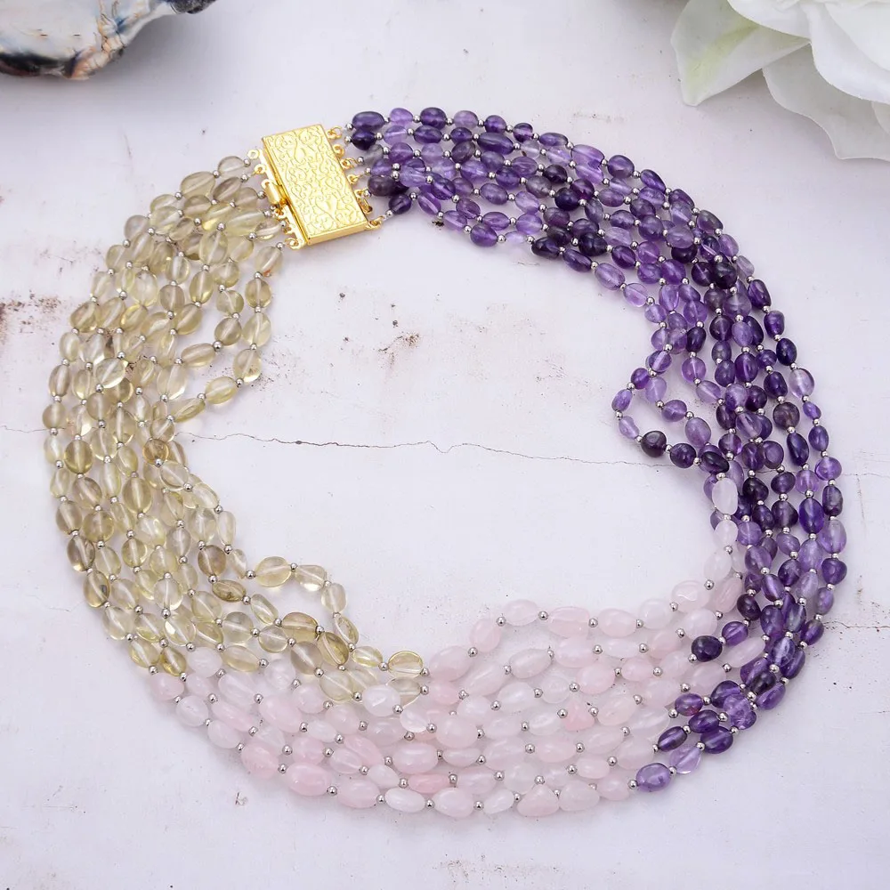 Natural 7 Rows Amethysts Rose Quartzs Lemon Quartzs Freeform Necklace 18" Ethnic Style For Women
Natural 7 Rows Amethysts Rose Quartzs Lemon Quartzs Freeform Necklace 18" Ethnic Style For Women