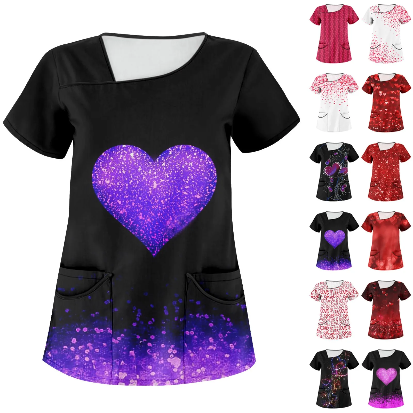 

Women's Valentine's Day Chic Printed Work Clothes With Skew Collar And Double Layer Pocket Basic Tops Pullover Eye-Catching