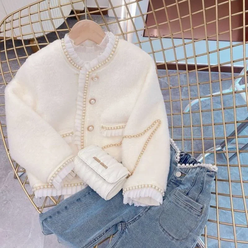 

2023 Korean Spring Autumn Children Girls Coat Cotton Thick Patched Lace Pearl Jacket Open Stitch Princess Kids Girls Outerwear