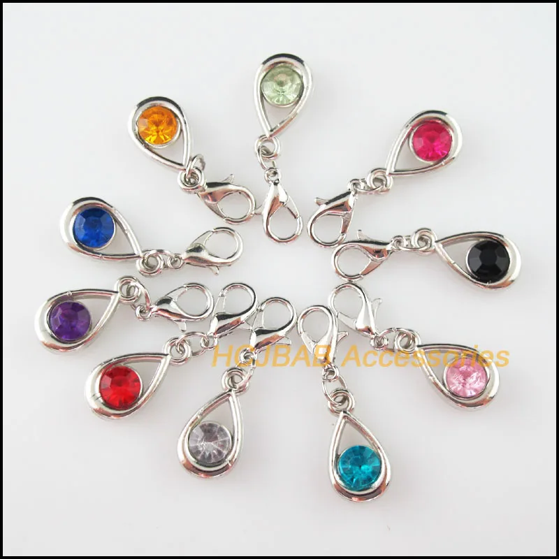 

Fashion New 20Pcs Dull Silver Plated Mixed Crystal Teardrop Charms With Lobster Claw Clasps 9.5x17.5mm