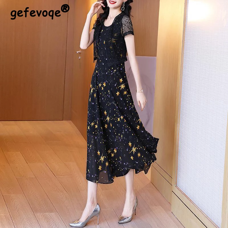 

Two Piece Sets for Women Summer Hollow Lace Short Sleeve Coat Fashion Star Print Elegant Party Dresses Slim Midi Dress Vestidos