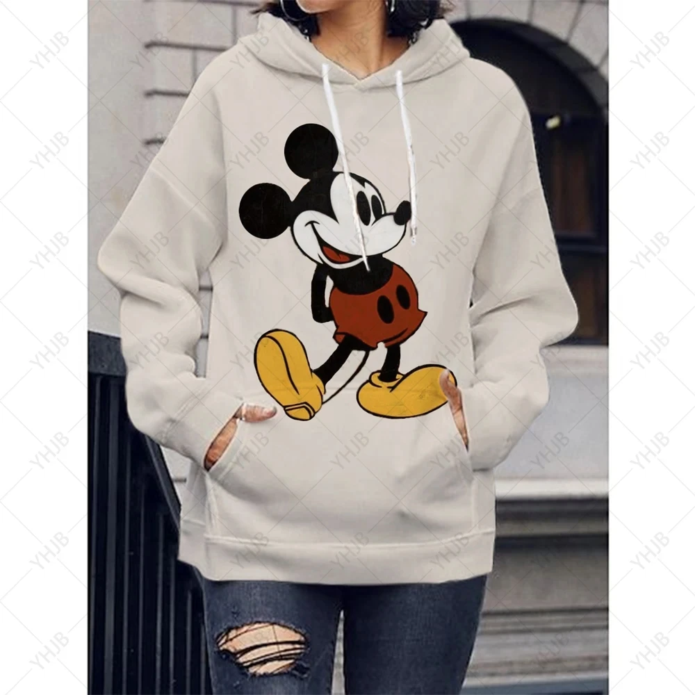 

Disney-Mickey e Minnie pulôver de manga comprida com gola redonda feminino, capuz feminino casual, moda outono, novo, 2023