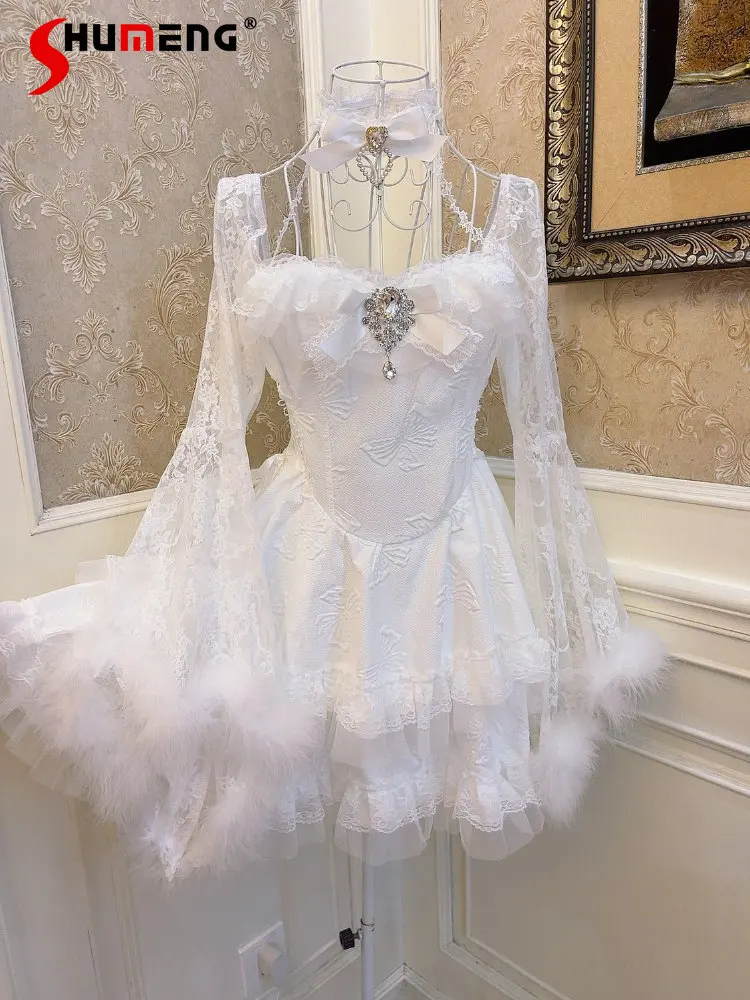 

Lolita Princess Bowknot Diamond Short Dress for Women Sweet Elegant Plush Ostrich Feather Bell Sleeve Cake Lace Halter Dresses