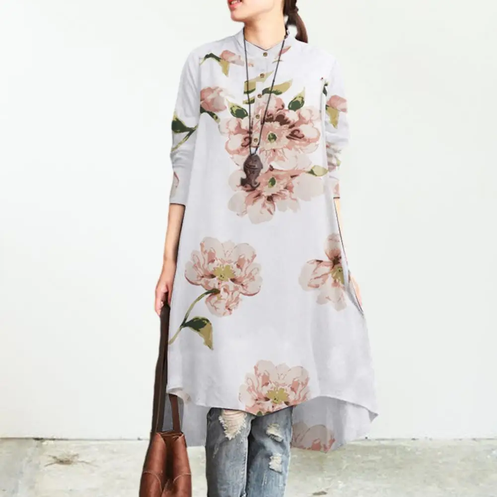 

Женская длинная рубашка в богемном стиле с цветочным принтом, блузка с длинным рукавом для женщин, винтажный асимметричный подол, весенний топ свободного кроя до колена