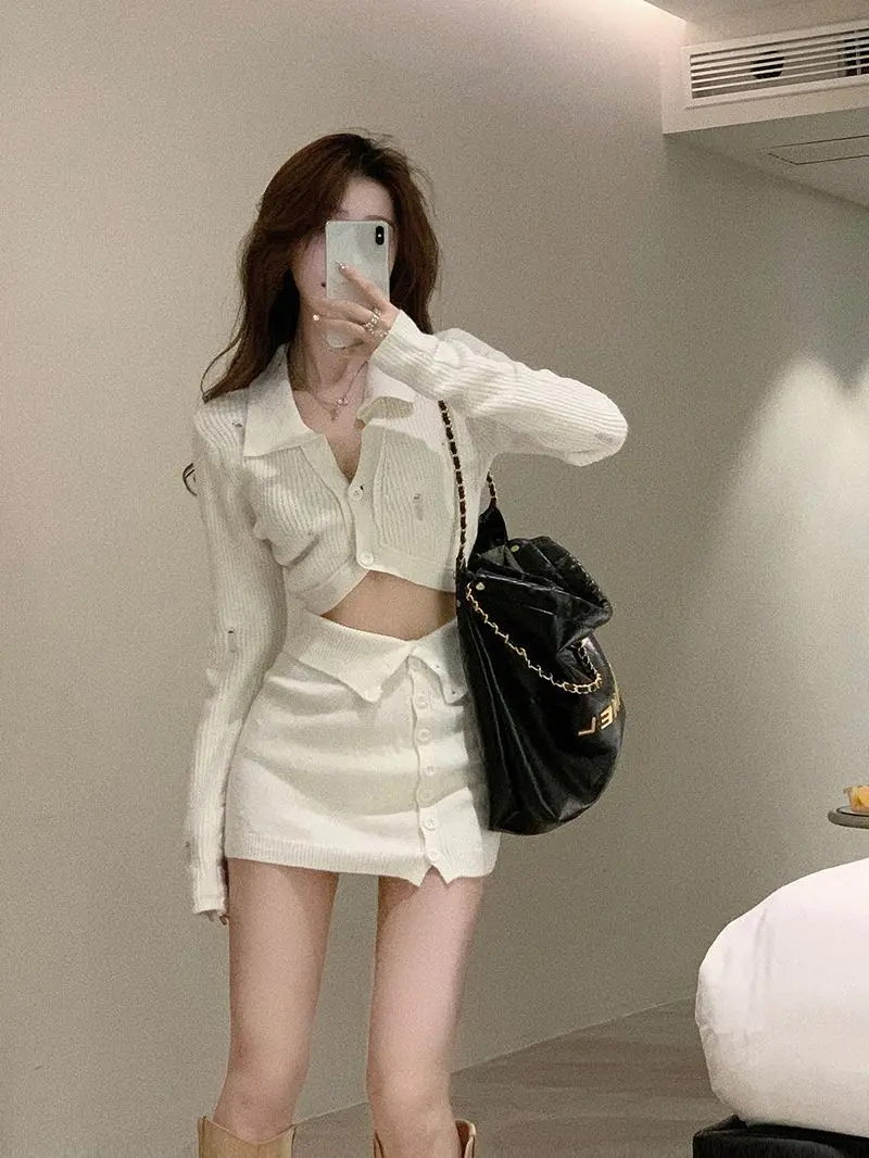 

Knitted 2 Piece Dress Set Elegant Pure Color Mini Skirt Set + Casual Long Sleeve Sweater Cardigan Korea Style Suit 2022 Autumn