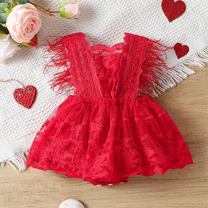 

Baby Girl Lace Romper Dress Sleeveless Feather Decor Floral Embroidery Ruffle Hem Tutu Skirt Bodysuit Summer Clothes