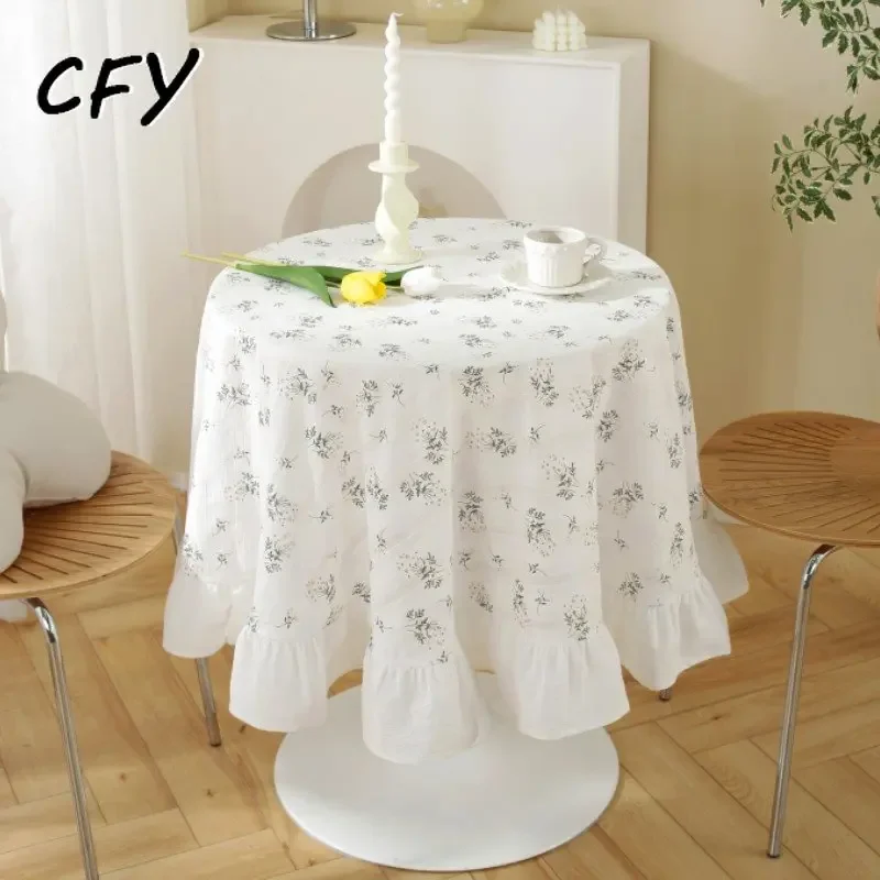 

Cotton Linen Little Daisy Skirt Edge Round Tablecloth Ruffled Coffee Table Cover Table Clothes for Dining Table