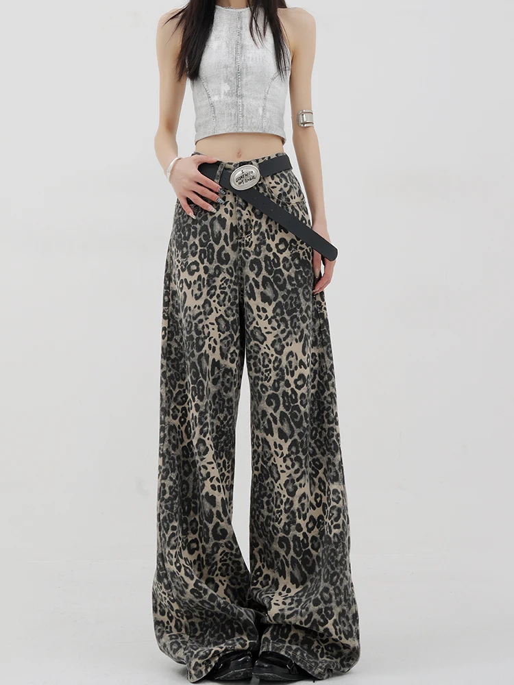 

Leopard Print Jeans Women Summer New High Waisted Vintage Wide Leg Pants Streetwear Fashion Casual Baggy Denim Trousers Y2k