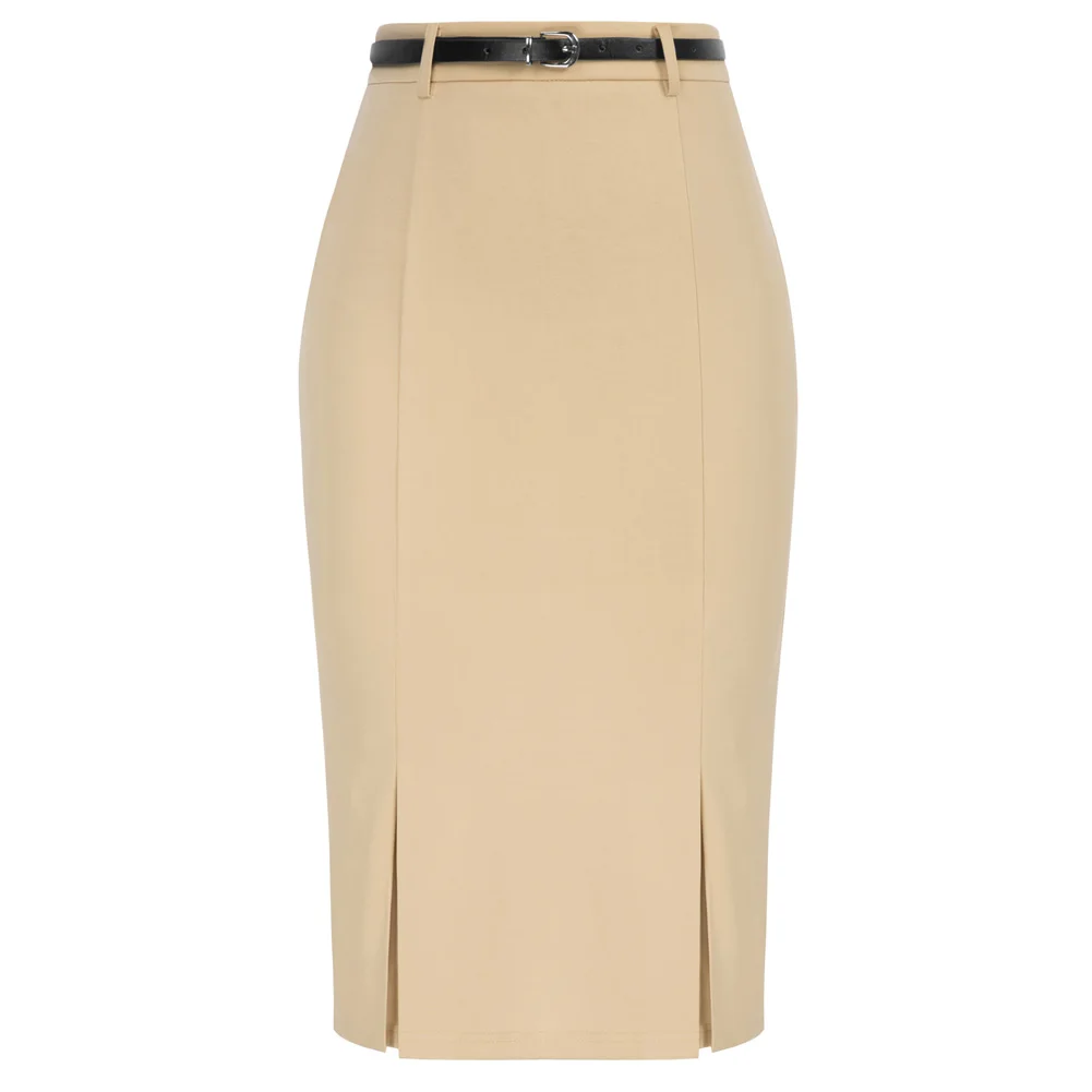 

Belle Poque Vintage Bodycon Skirt With Belt Solid Slit Business Office Lady Workwear OL High Waist Knee Length Pencil Skirt A30