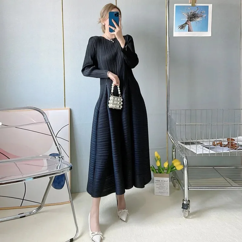 

Miyake Pleated Long Sleeve Bud Dress Women 2024 Spring New Causal Korean Fashion Designer Elegant Loose Dresses