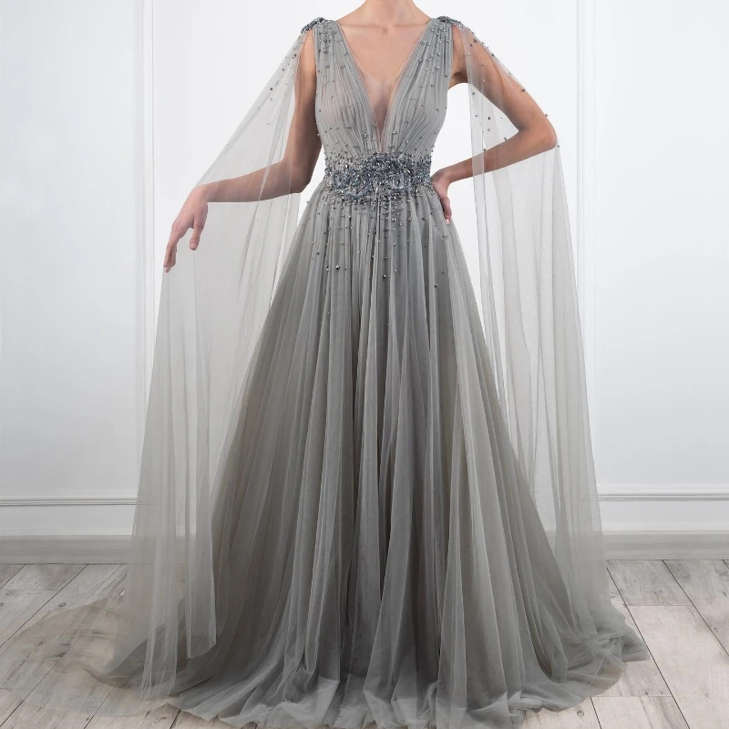 Luxury Dubai Grey Evening Dresses V-Neck Sleeveless Beaded Arabic With Cape Tull Formal Dress For Women Prom Party Dress
Luxury Dubai Grey Evening Dresses V-Neck Sleeveless Beaded Arabic With Cape Tull Formal Dress For Women Prom Party Dress