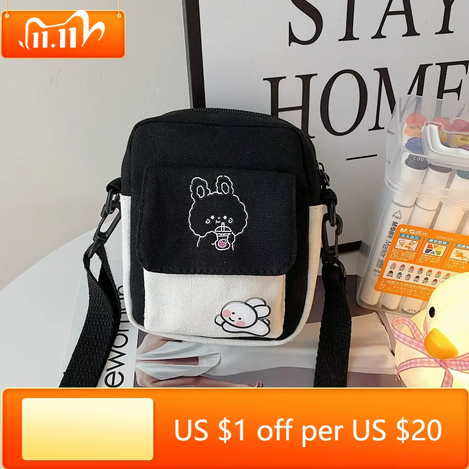 

Canvas Women's Phone Bag Cartoon Printed Shoulder Messenger Bag Hit Color Flap Purse Casual Handbag Female Shopping Bag сумка