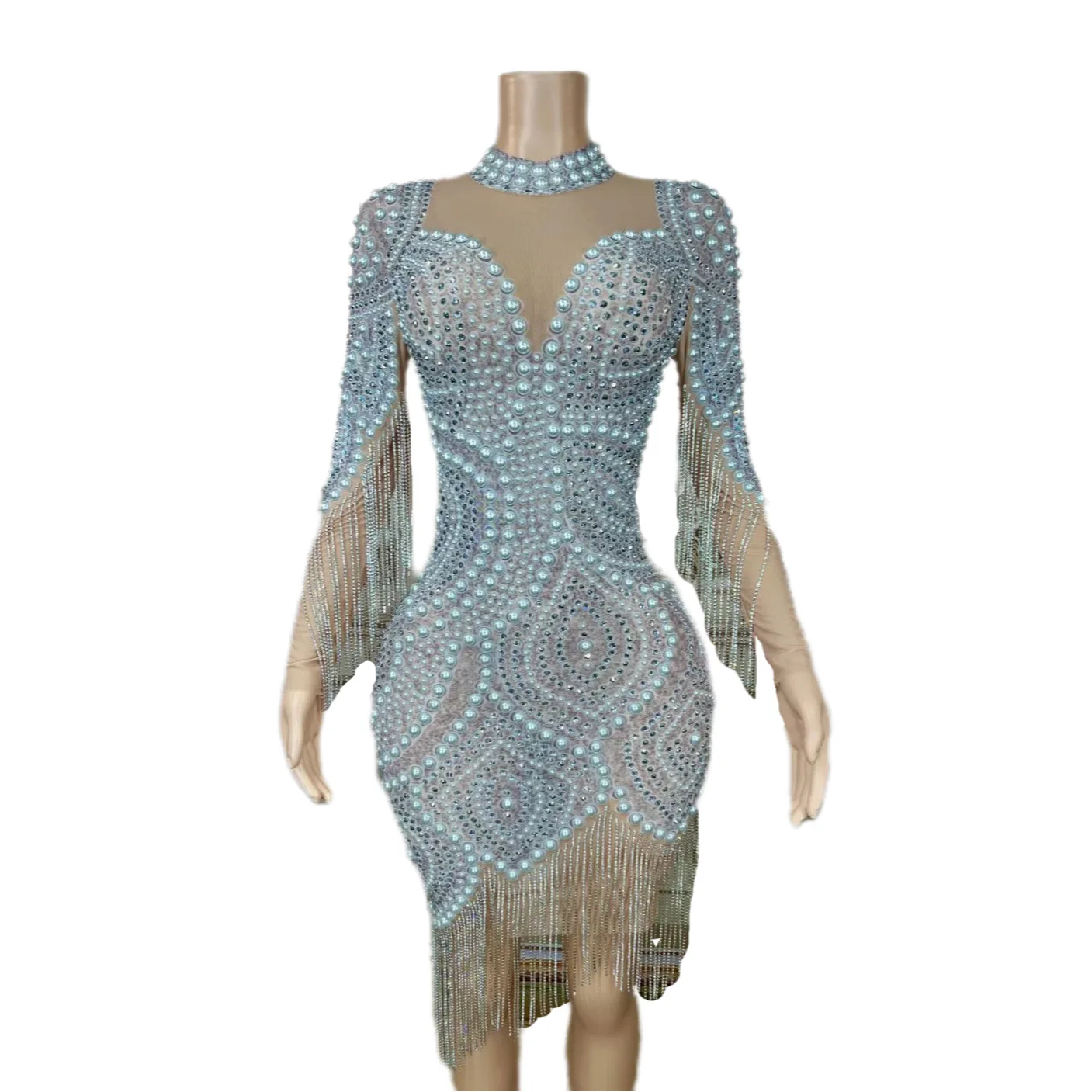Nude Gauze Shining Rhinestones Pearls Sexy Long Sleeves Tassel Dress For Women Nightclub Party Clothing Prom Stage Costumes
Nude Gauze Shining Rhinestones Pearls Sexy Long Sleeves Tassel Dress For Women Nightclub Party Clothing Prom Stage Costumes