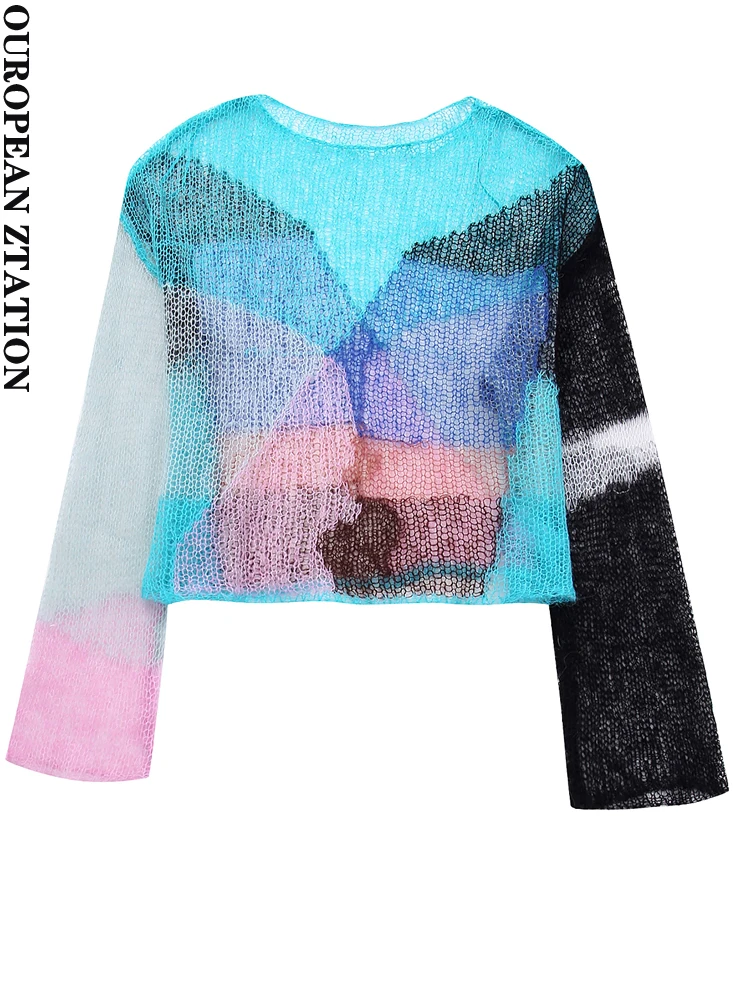 

PAILETE Women 2023 fashion colour block open knit cropped sweater sexy o neck long sleeve female pullovers chic tops