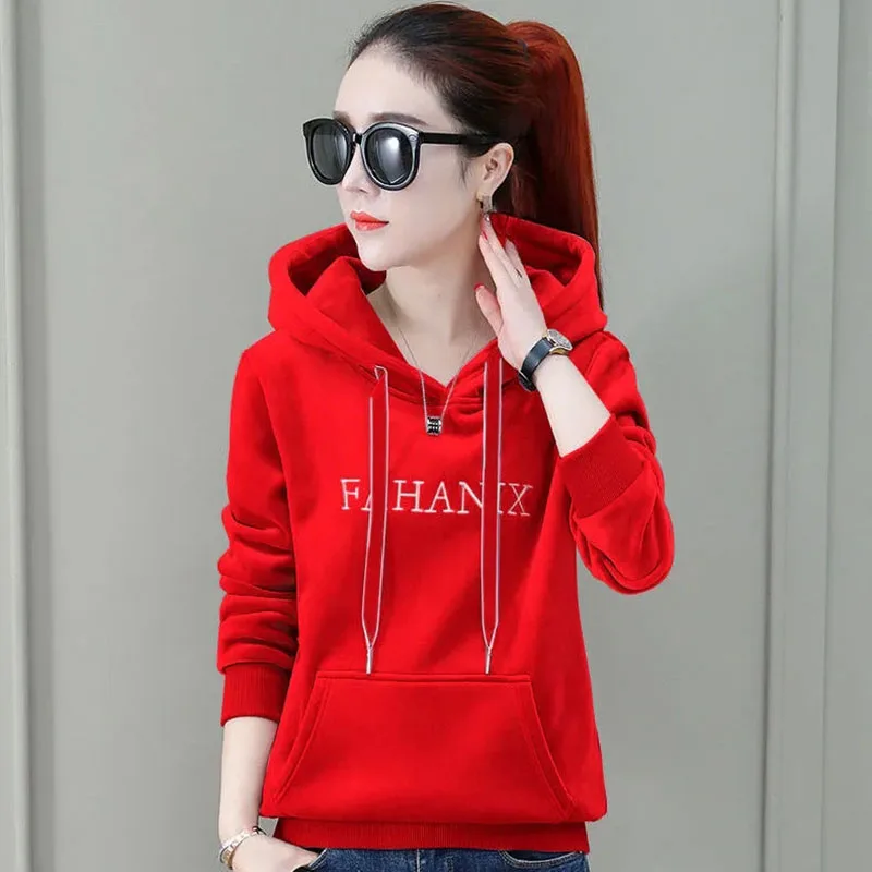 

2024 Autumn Winter Women's Korean Hooded Embroidery Sweatshirt New Add Velvet Thickened Top Lady Short Loose Pullover Coat 4XL