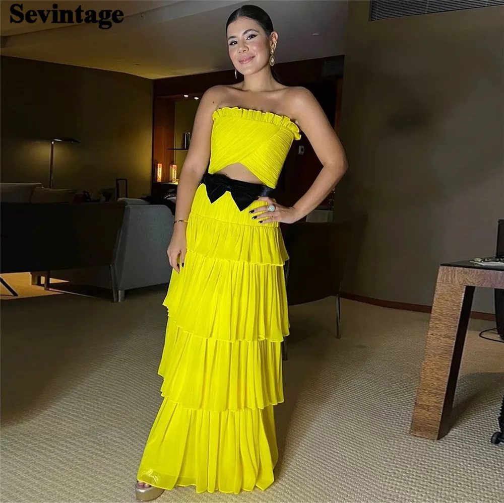 

Sevintage Modern Bright Yellow Prom Dress Black Bow Pleat Ruched Tiered Ruffles Floor Length Evening Dress robes de soirée 2024