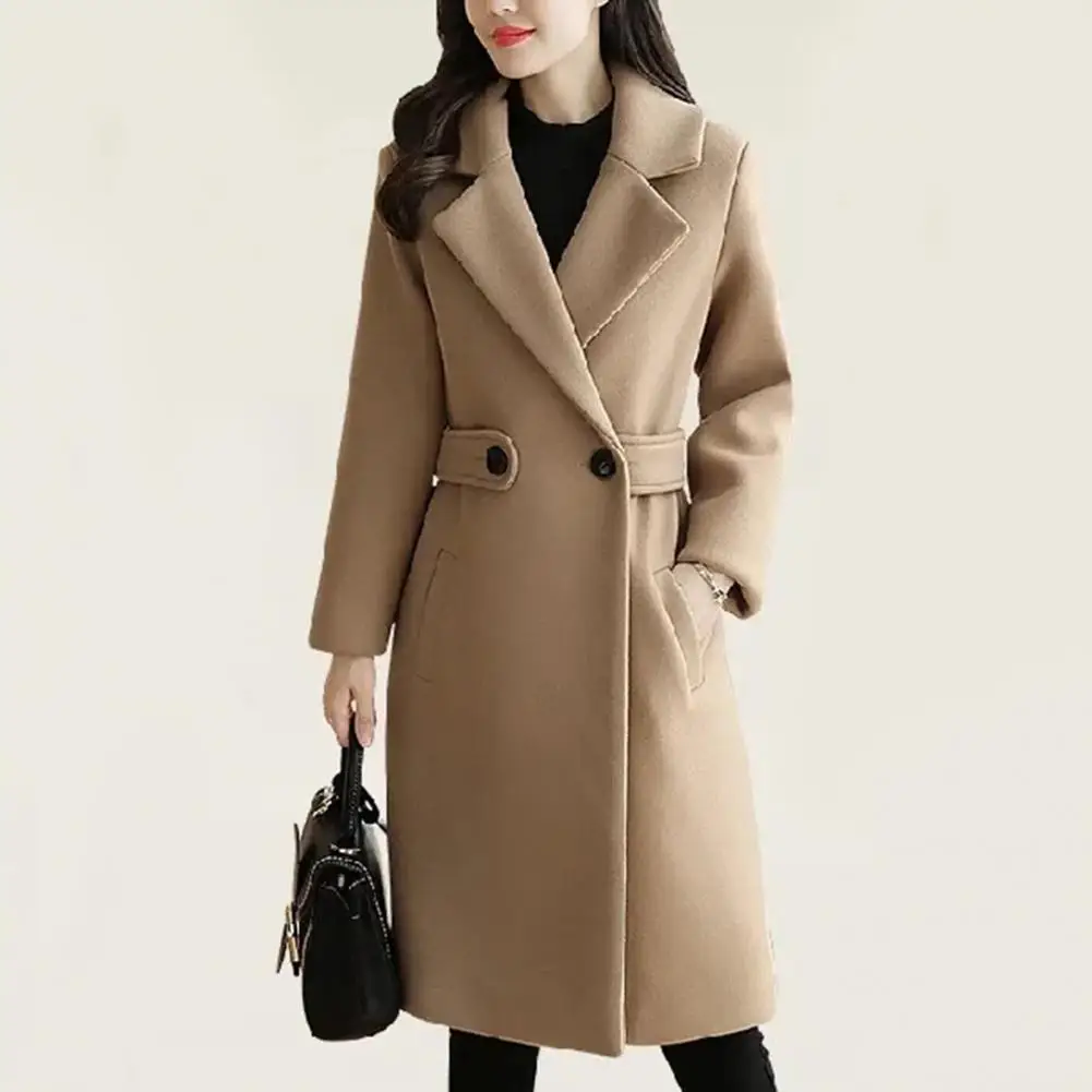 

Women Jacket Stylish Mid-length Women's Overcoat Thick Solid Color Turn-down Collar Belted Button Closure for Fall Winter Winter