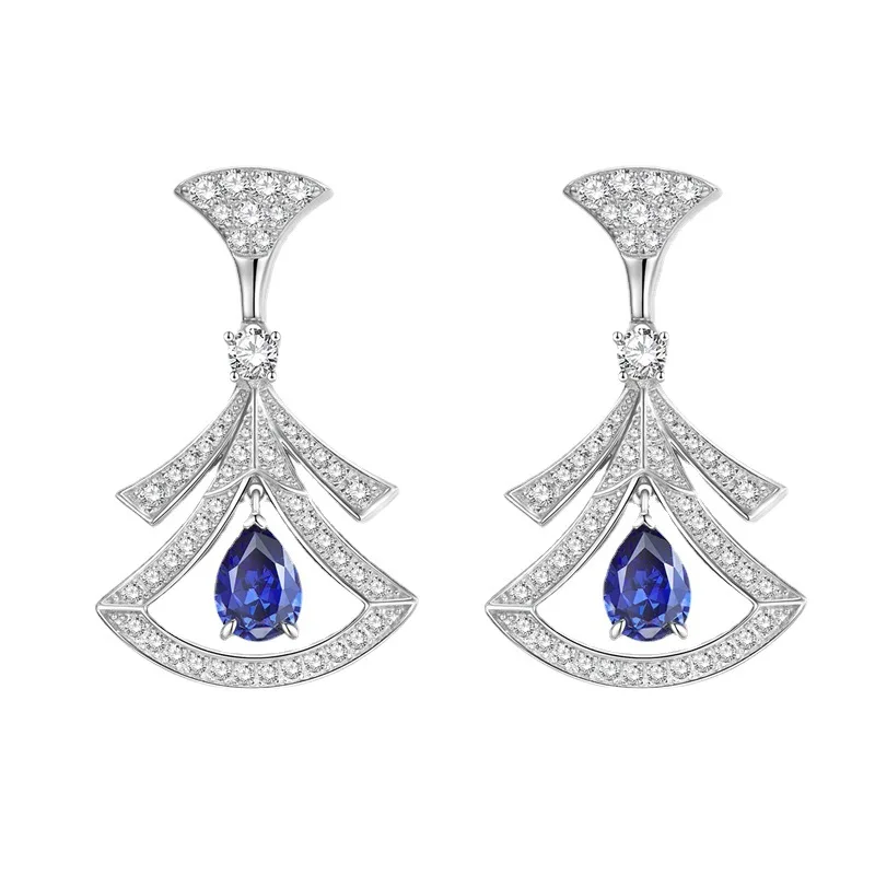 

New European and American S925 Sterling Silver Micro Inlaid 1-carat Pear shaped Sapphire Luxury Full Diamond Classic Earrings