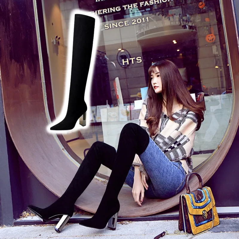 

2023 Fashion Metal Heel Thick Heels High Heels Suede Pointed Sexy Nightclub Slimming Pedicure Over The Knee Boots