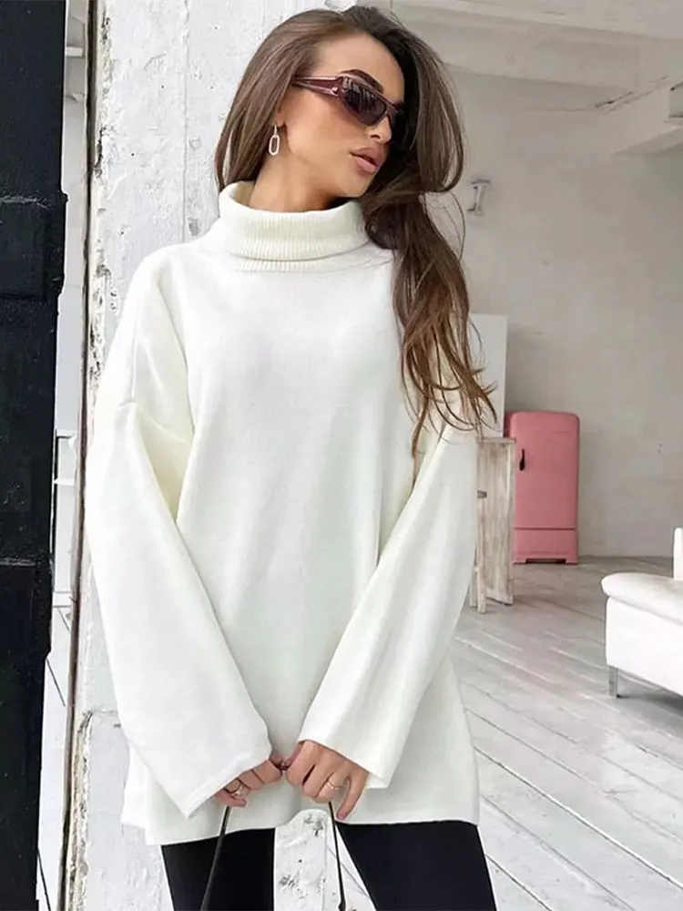 

Sleeved Pullover 2023 Autumn Winter Chic Female Casual Turtleneck Loose High Neck Knitwears Sweater Women Solid Color Long