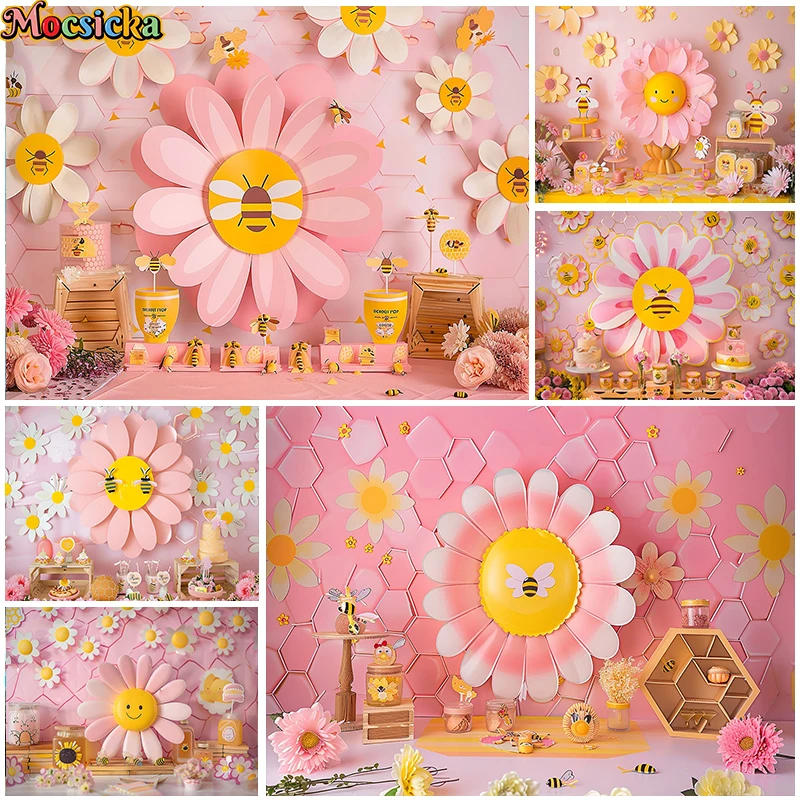 

Mocsicka Photography Background Girl Cake Smash Kids Birthday Party Spring Summer Bee Honey Flower Decor Backdrop Photo Studio