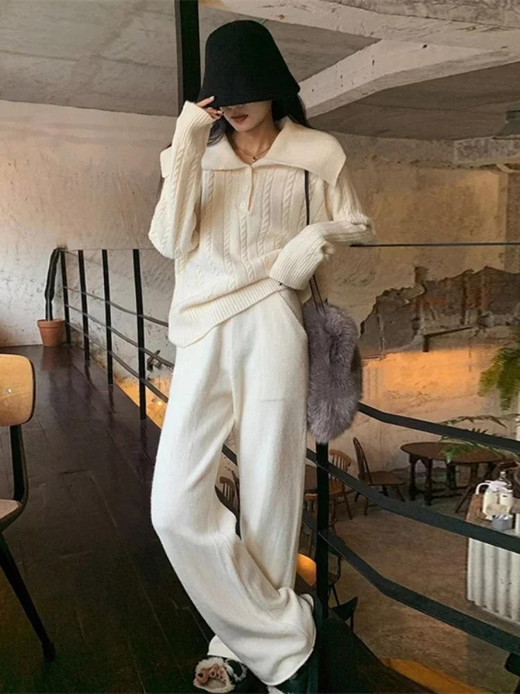 Pants Set Women 2 Piece 2023 Autumn/Winter Turn-down Collar Sweater Knitted Wide Leg Pant Sets Casual Pullover High Waist Pants
Pants Set Women 2 Piece 2023 Autumn/Winter Turn-down Collar Sweater Knitted Wide Leg Pant Sets Casual Pullover High Waist Pants