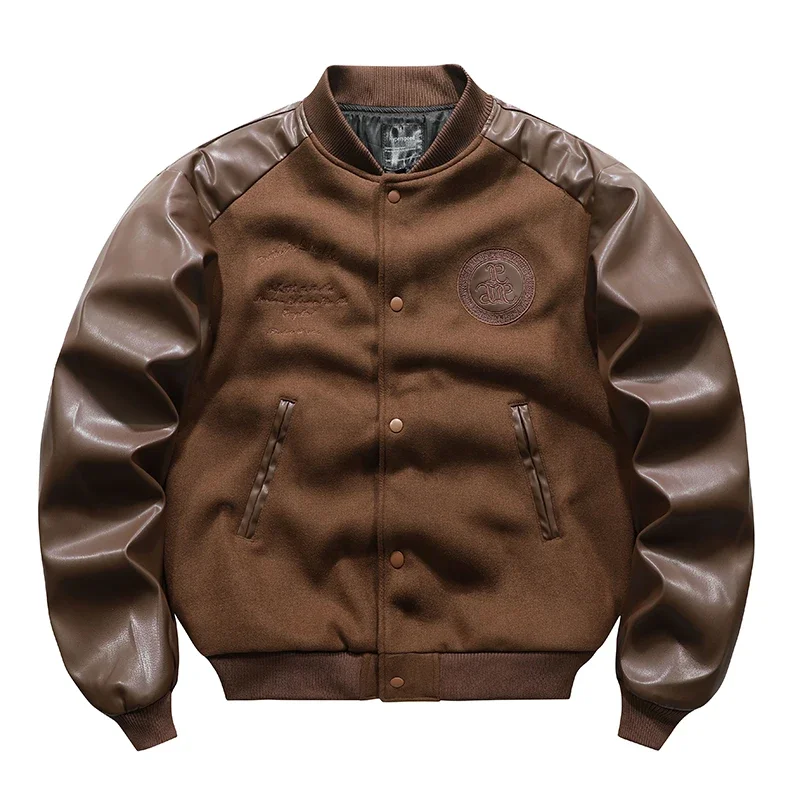 

Men Embroidery Patchwork Woolen Bomber Jacket Retro Leather Pilot Jackets Casual Loose Pu Baseball Coat Male