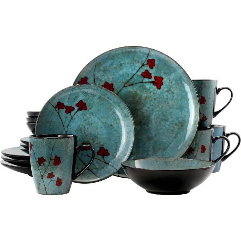 Round Stoneware Floral Dinnerware Dish Set, 16 Piece, Blue with Red Accents
Round Stoneware Floral Dinnerware Dish Set, 16 Piece, Blue with Red Accents