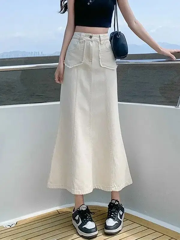 

Denim Fishtail Skirt High Waisted Midi Skirt Casual Pocket Ladies Korean Womens Summer Fashion Mermaid Skirt Female