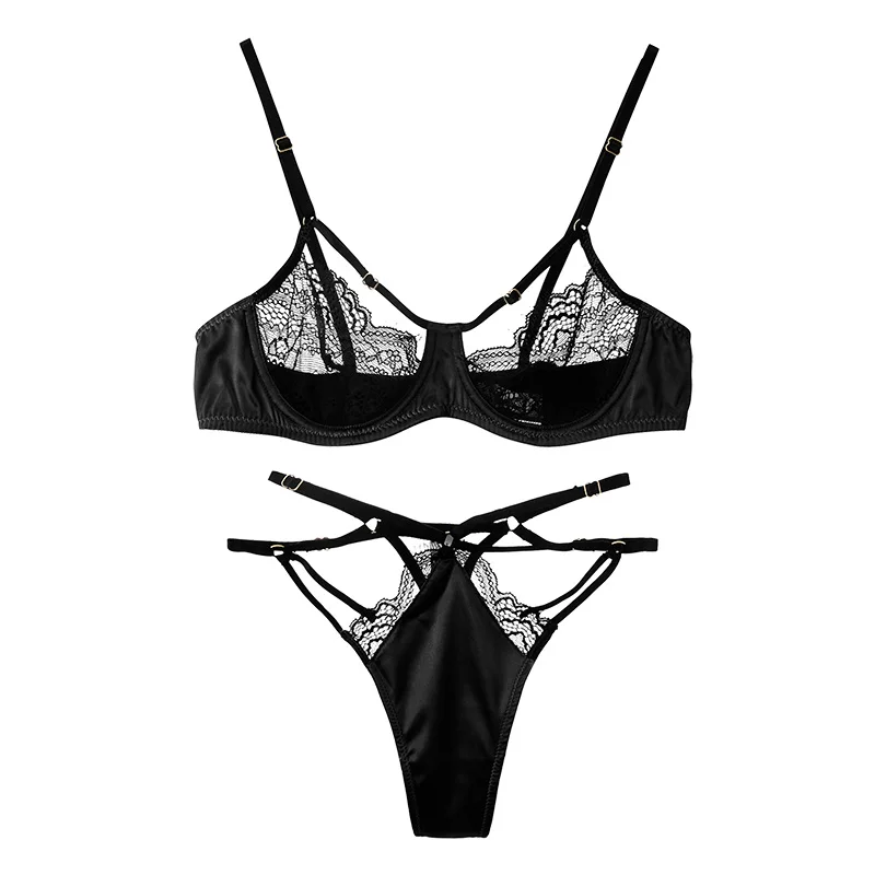 

Women Black 2-piece Lace Bra Set Bra Underwire & Garter Panty Underwear Perspective Hollow Out Sexy Lingerie Set Female Clothes