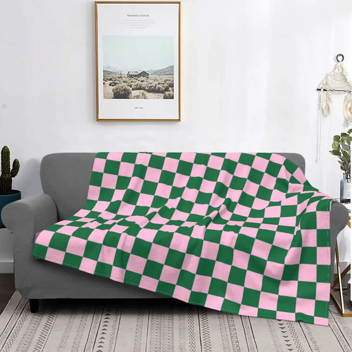 

Pink Green Checkerboard Blankets Velvet Printed Checkered Breathable Lightweight Throw Blanket for Bed Bedroom Plush Thin Quilt