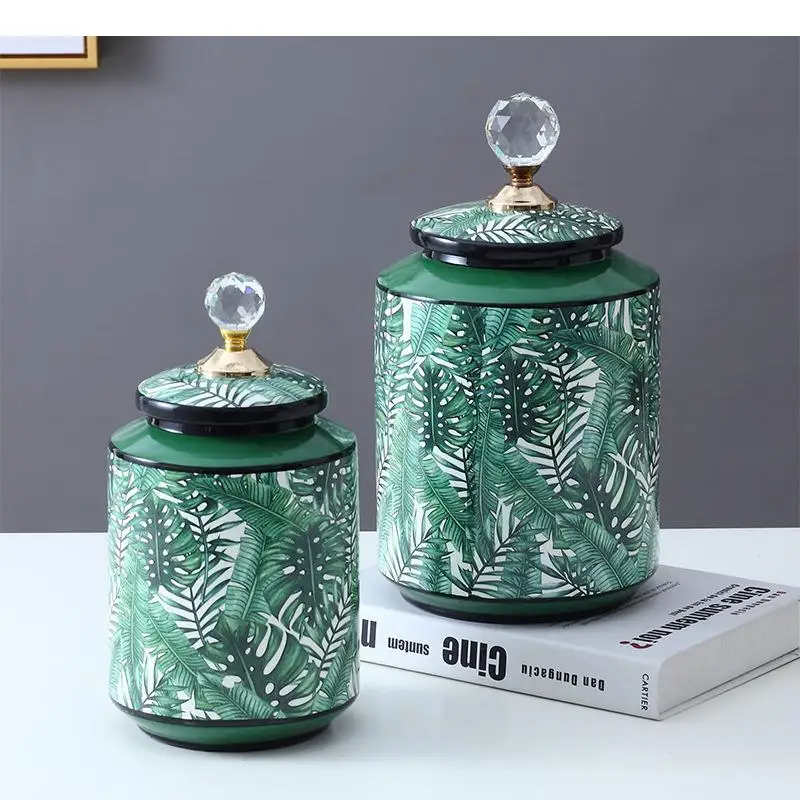 

Green Leaf Texture Ceramic Storage Jars with Lids Crystal Cover Jar Tea Caddy Desk Decoration Porcelain Vase Flower Arrangement