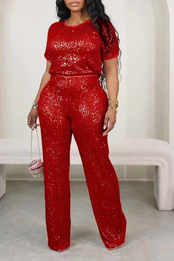 Autumn Casual Sequin Two Piece Set for Womeb Fashion Solid Short Sleeved Tshirt Wide Leg Pants Sequin Two Piece Set Women
Autumn Casual Sequin Two Piece Set for Womeb Fashion Solid Short Sleeved Tshirt Wide Leg Pants Sequin Two Piece Set Women