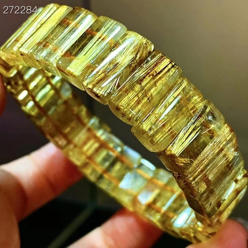 

Natural Gold Rutilated Quartz Bangle Bracelet For Woman Man Healing Wealth Gift Crystal 14x6mm Beads Strands Jewelry AAAAA