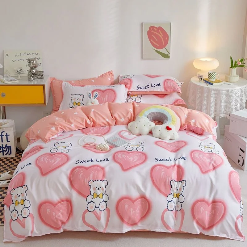 

Bedding Set Pink Bear Boys Girls Single Double Queen Size Bed Linen Duvet Cover Pillowcase No Fillings Kids Adult Home Textile