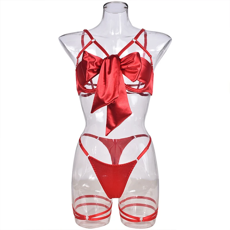 Solid 4 Colors Women's 3 Piece Lingerie Set Sexy Hollow Out Satin Bow Tie Bra and Panty Set with Thigh Straps Cute Erotic Set
Solid 4 Colors Women's 3 Piece Lingerie Set Sexy Hollow Out Satin Bow Tie Bra and Panty Set with Thigh Straps Cute Erotic Set