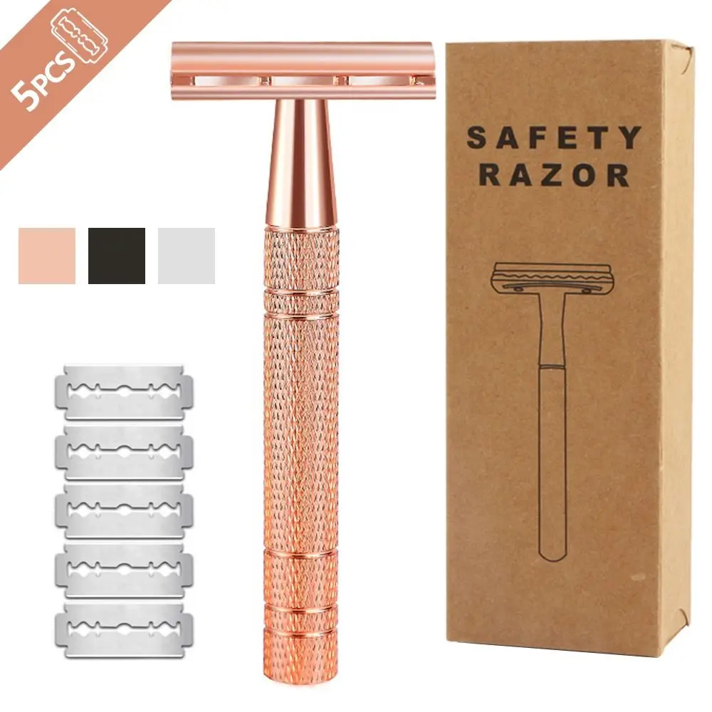 

Rose Gold Silver Razor Classic Double Edge Safety Razor For Mens Shaving&Womens Hair Removal 5 Shaving Blades Manual Shaver