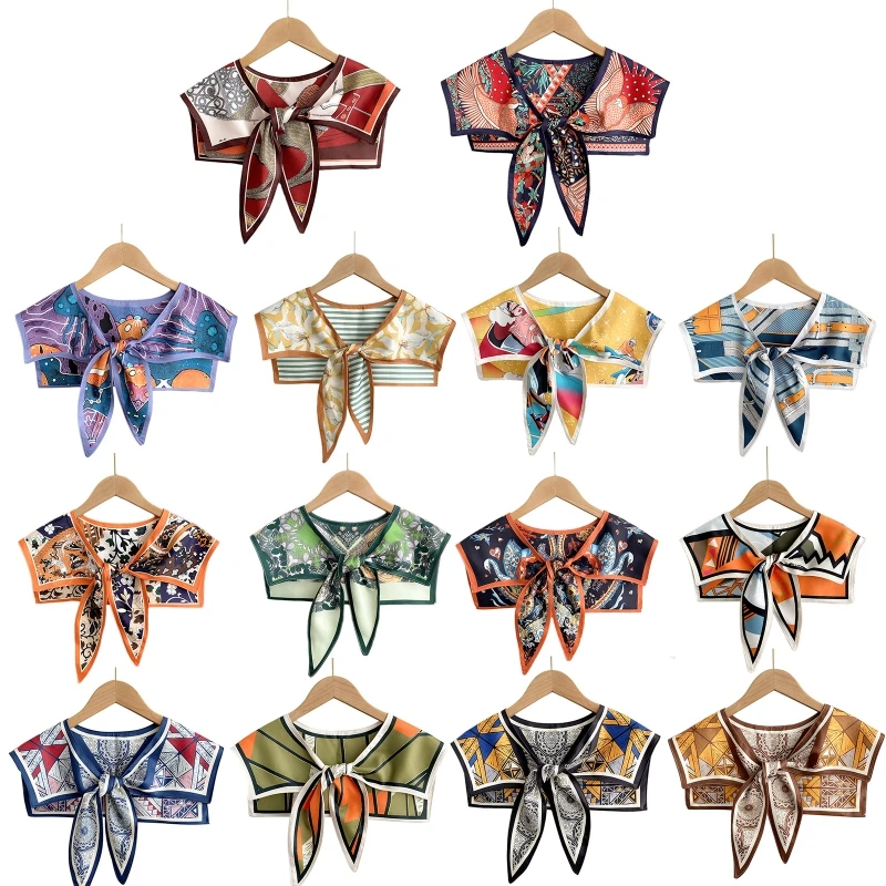 

Women Elegant Silky Scarf Detachable Collar Vintage Abstract Colorful Print Shawl Wrap Neckwear Tie Knot Front Capelet