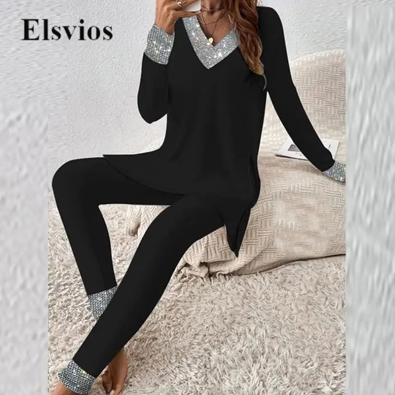 Casual Patchwork Shiny Glitter Two Piece Set V Neck Long Sleeve Tee Shirt And Tight Pencil Pants Outfits Women Spring Loose Suit
Casual Patchwork Shiny Glitter Two Piece Set V Neck Long Sleeve Tee Shirt And Tight Pencil Pants Outfits Women Spring Loose Suit