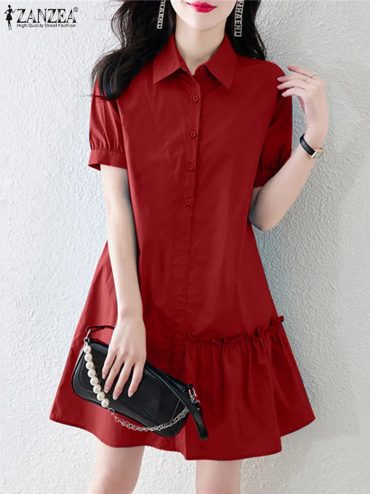 

ZANZEA Women Lapel Neck Mini Dress Ruffled Hem Summer Elegant Short Puff Sleeve Shirt Dress Casual Fashion Work Solid Sundress