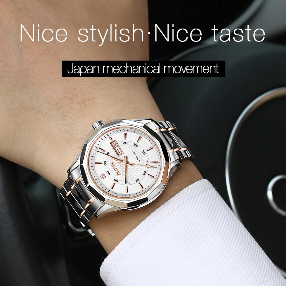 JSDUN-Montre mécanique automatique pour homme avec bande en acier au tungstène, montre-bracelet originale pour homme, semaine du calendrier, mode simplicité 4