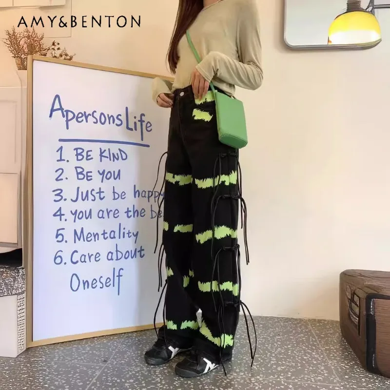 2024 Summer New American Retro Style Black Denim Pants Contrast Color Lace-up Tie-Dye Design High Waist Mop Jeans With Buckle
2024 Summer New American Retro Style Black Denim Pants Contrast Color Lace-up Tie-Dye Design High Waist Mop Jeans With Buckle